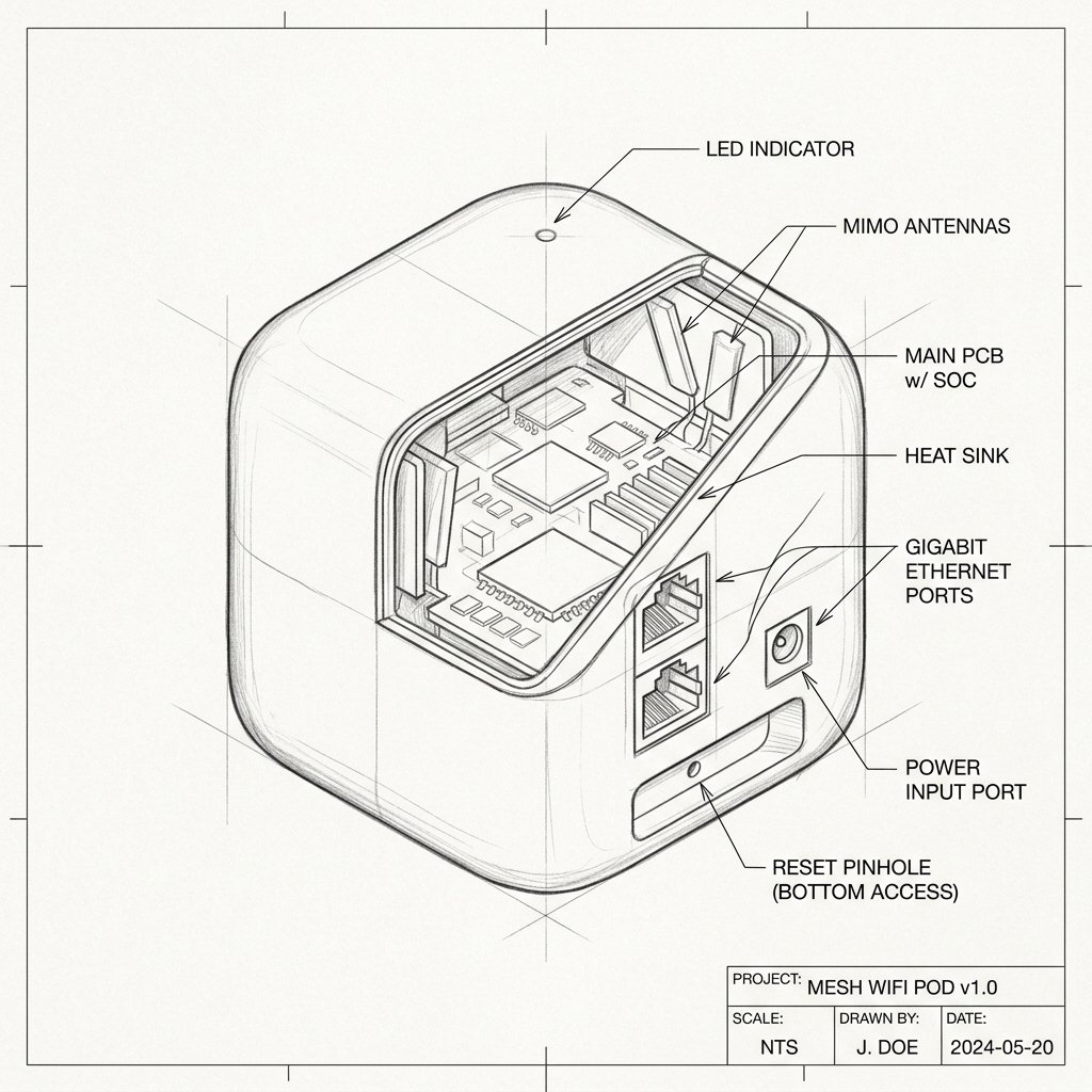 Mesh node hardware blueprint with status indicator and base ports for eero eero Outdoor 7