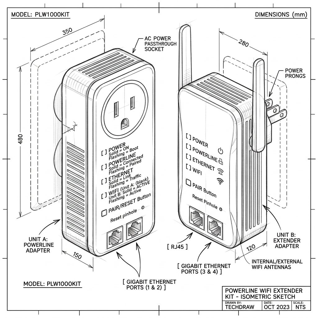 Powerline adapter hardware sketch with LED indicators and AC passthrough for TP-Link TL-WPA7817 KIT