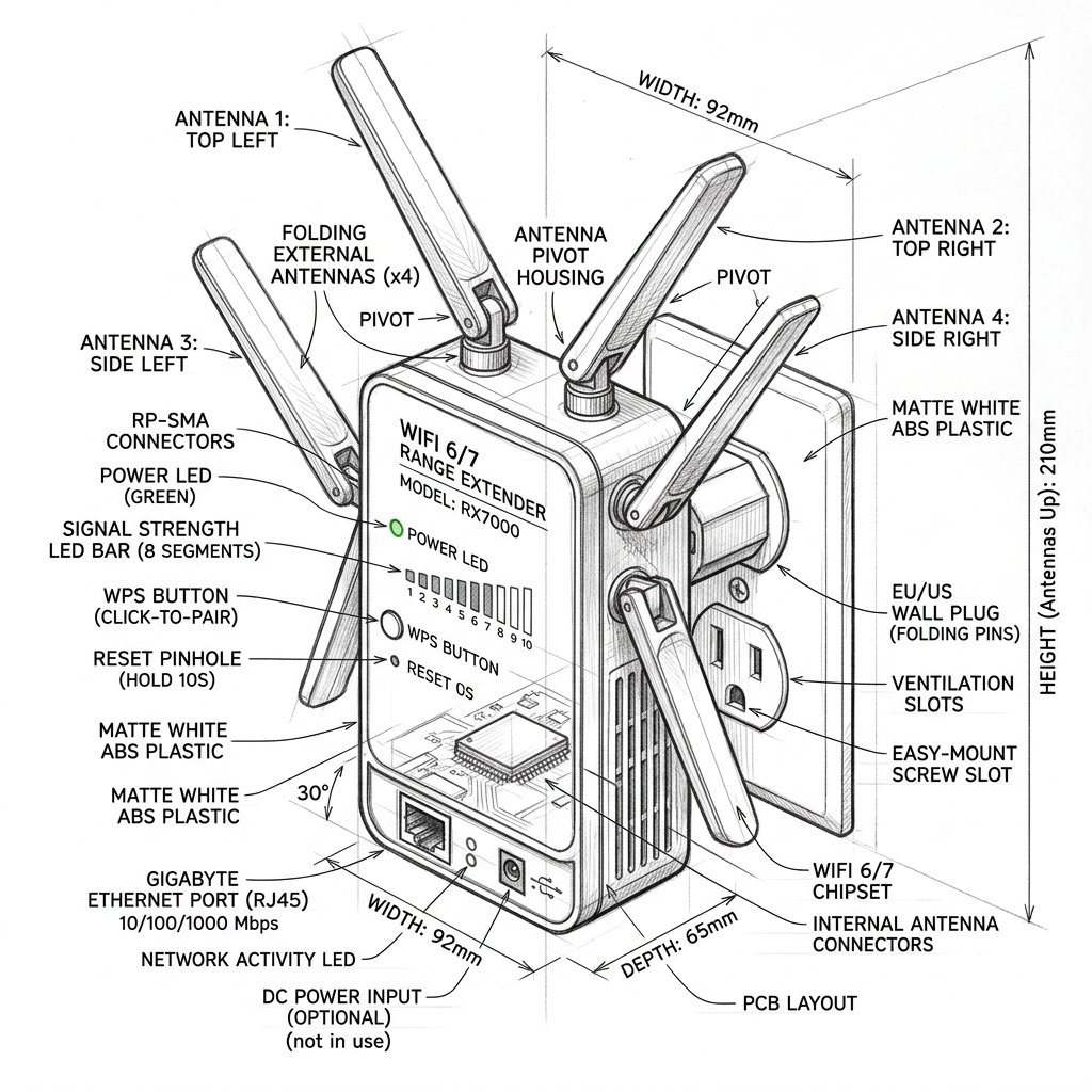 4-antenna high-gain wall-plug extender blueprint with LED status panel for Linksys RE9000